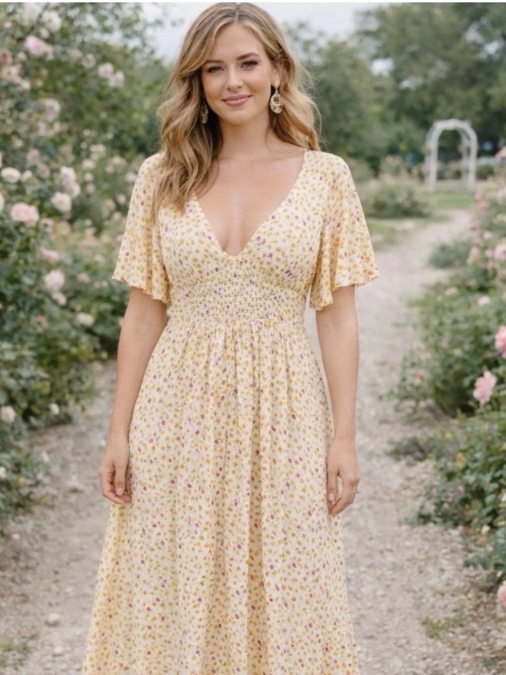 Free People In Full Bloom Midi Dress Goldenrod Ivory Floral Smocked Boho Women S - Picture 2 of 16